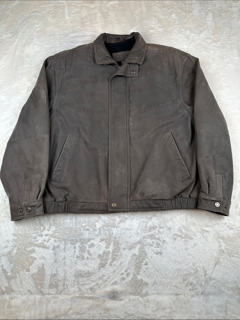 John Ashford Mens L Brown 100% Cow Leather Bomber Jacket Distressed Full Zip
